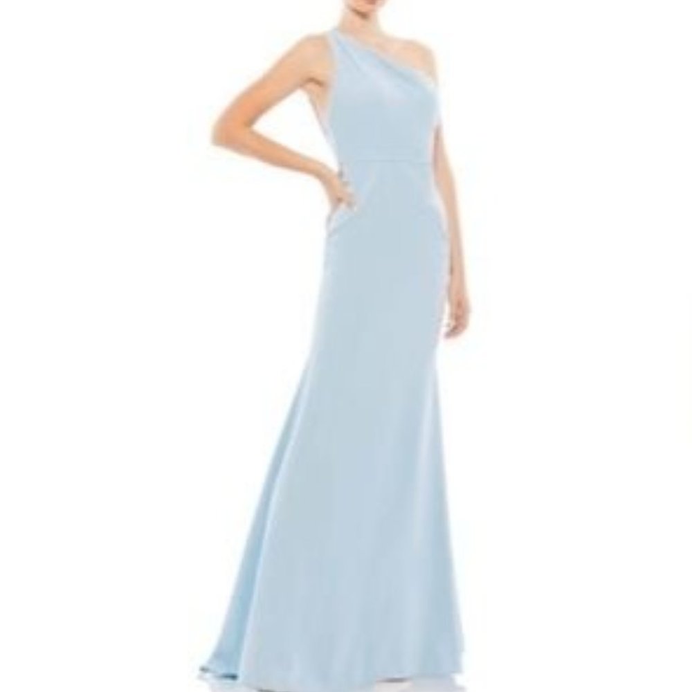 Ieena for Mac Duggal Powder Blue One Shoulder Jersey Dress Gown Mermaid 2 New